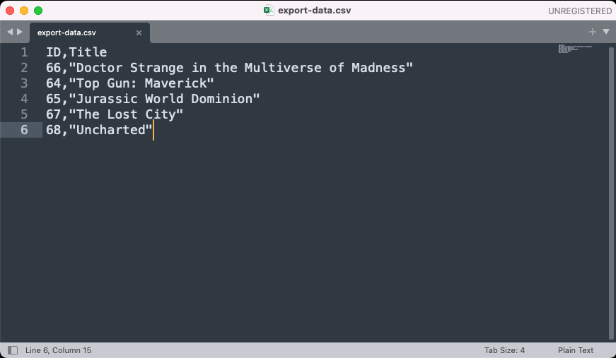 exported csv file